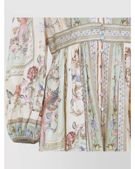 Zimmermann White Linen Floral-Print Plunge Long-Sleeve Mini Dress
