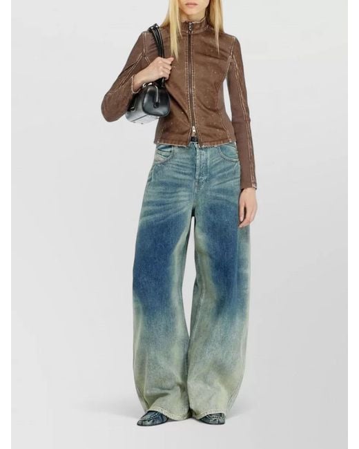 DIESEL Brown Ribbed-Knit Biker Jacket