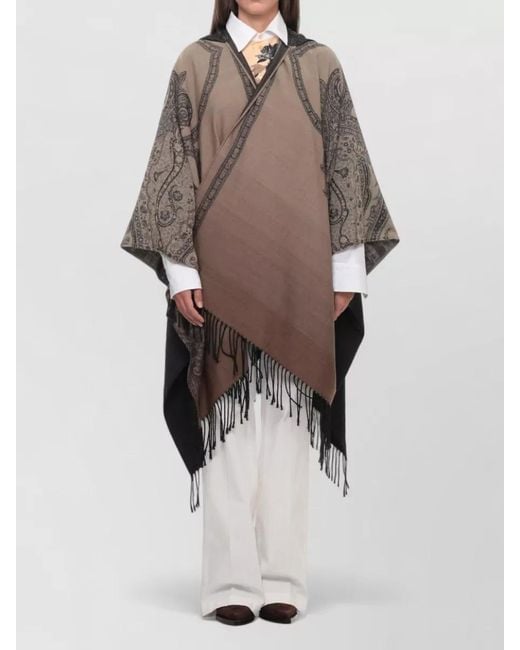 Etro Natural Hooded Paisley Wool Cape Open Front for men