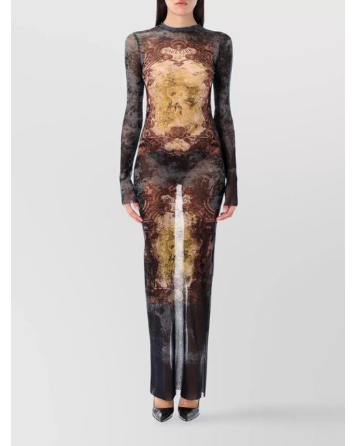Jean Paul Gaultier Black Sheer Printed Long-Sleeve Maxi Dress