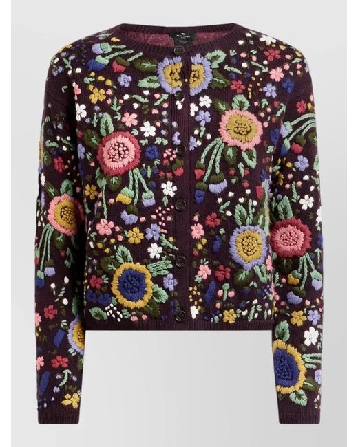 Etro Black Cropped Crew Neck Floral Embroidered Cardigan