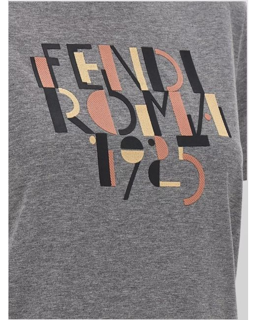 Fendi Gray Cotton Printed Embroidered T-Shirt