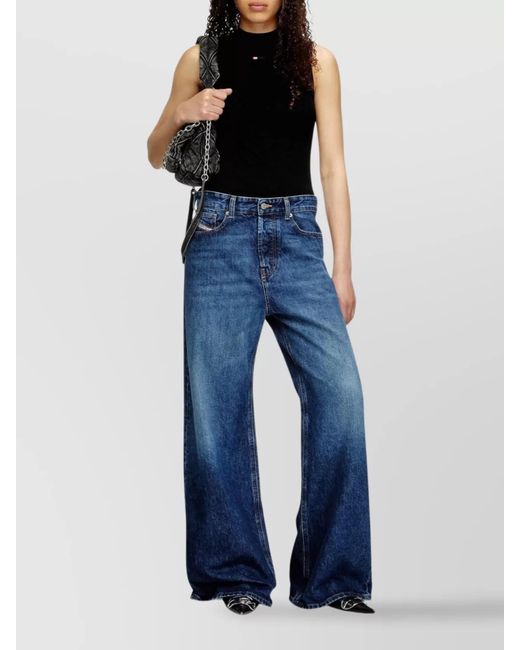 DIESEL Blue Denim Low-Rise Extra-Long Wide-Leg Jeans