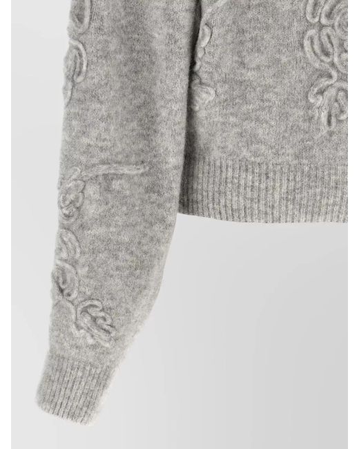 ROTATE BIRGER CHRISTENSEN Gray Flower Motif Cropped Knit Crew Sweater
