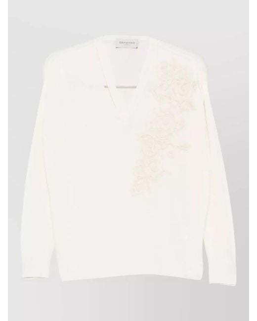 ERMANNO FIRENZE Natural Appliqué V-Neck Long-Sleeve Sweatshirt