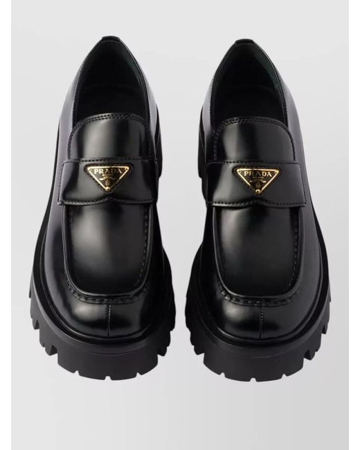 Prada Black Brushed Leather Loafers Rubber Sole Logo