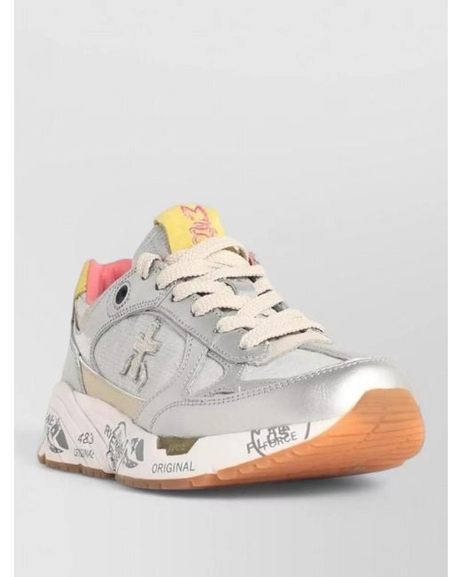 Premiata White Mased Leather Sneakers Contrast Sole Detail
