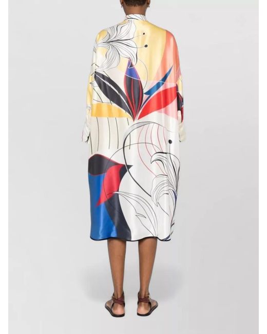 F.R.S For Restless Sleepers White Silk Dress Abstract Print Long Sleeves Hem