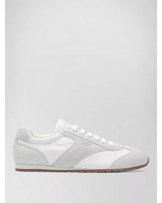 Prada White Sneakers Rubber Sole Suede Panels Design for men