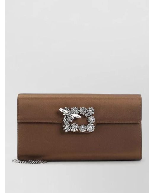 Roger Vivier Brown Satin Crystal-Embellished Envelope Clutch Bag