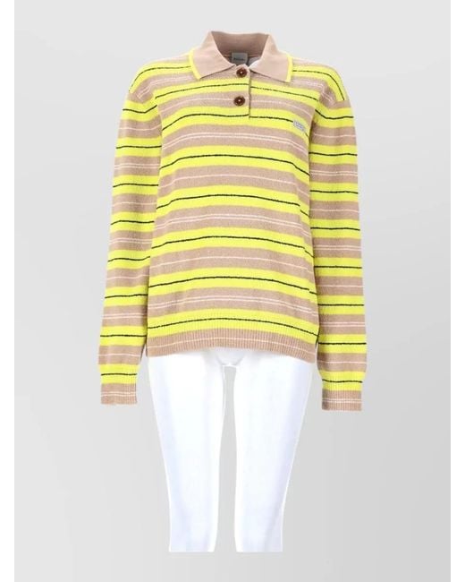 Paul Smith Yellow Polo Collar Striped Knit Top Ribbed Trims
