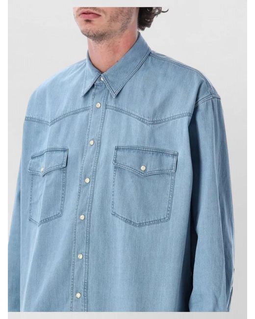 Studio Nicholson Blue Denim Western Shirt Long Sleeves Collar for men