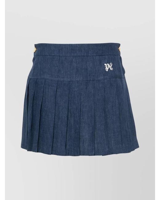 Palm Angels Blue Linen Logo-Embroidered Pleated Miniskirt