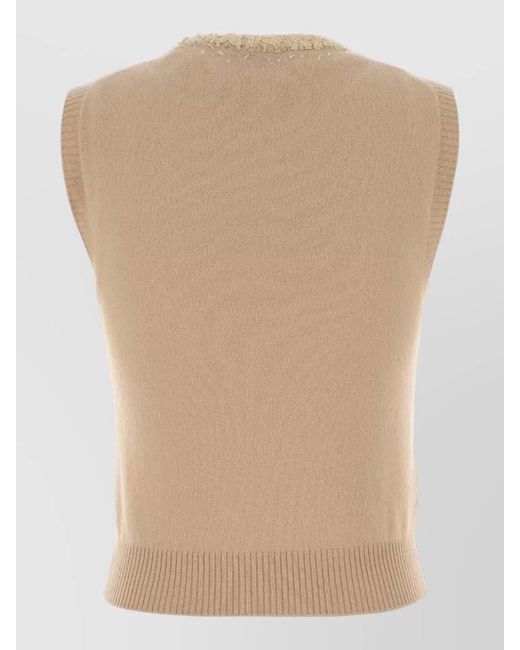 Miu Miu Natural Cashmere Vest Crew Neck Embellished Hem