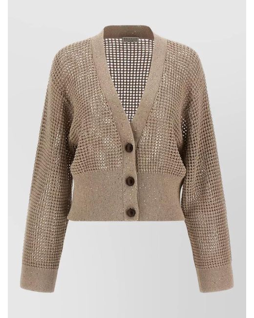 Brunello Cucinelli Natural Sequined V-Neck Long-Sleeve Cardigan