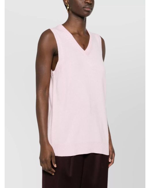 Sportmax Pink Fine-Knit Cashmere Wool V-Neck Sleeveless Top