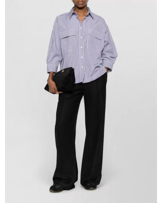 Brunello Cucinelli Purple Longline Cotton Shirt Chest Pockets Stripes