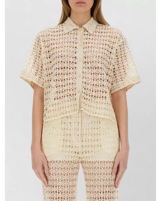 Alysi Natural Crochet Shirt Cropped Sheer Short Sleeves Collar