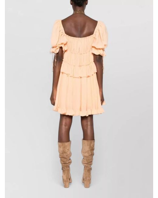 Chloé Natural Silk Tiered Square Neck Short Puff Sleeve Mini Dress