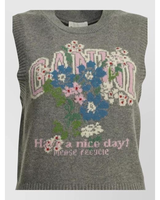 Ganni Gray Floral Graphic Crew Neck Sleeveless Vest
