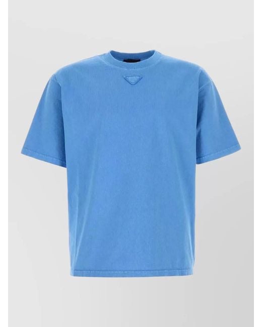 Prada Blue Ribbed Crew Neck Cotton T-Shirt for men