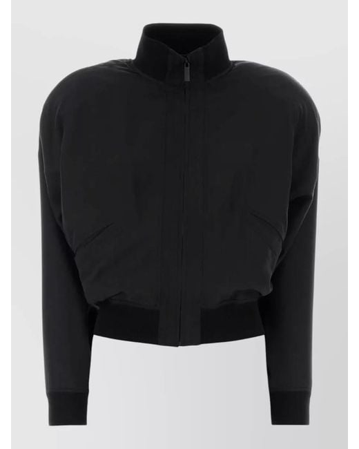 Gucci Black Silk Bomber Jacket High Collar Ribbed Finish