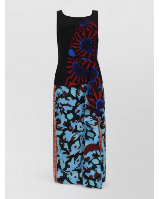 Dries Van Noten Blue Patchwork Sleeveless Dress Side Draped Detail