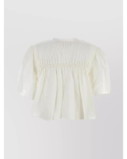 Isabel Marant White Cotton Blend Pleated Short-Sleeve Blouse