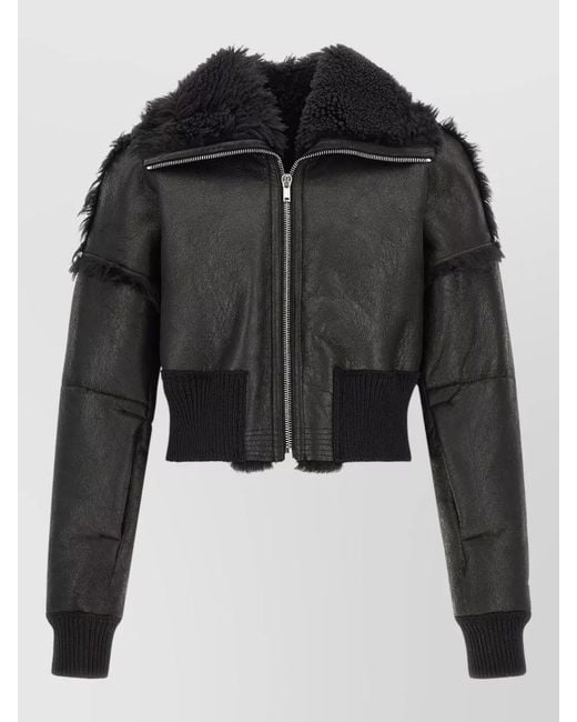 Rick Owens Black Cropped Shearling Collar Bomber Coat for men