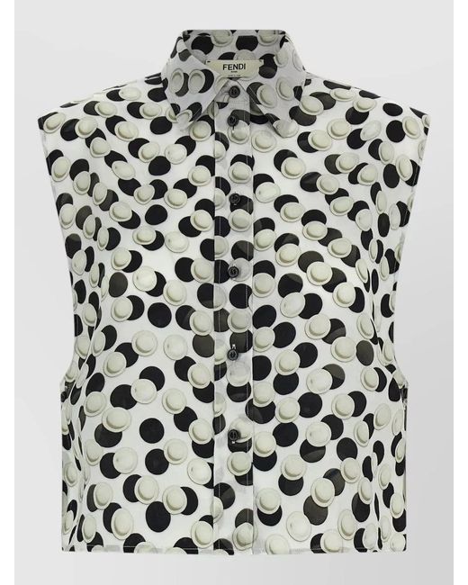 Fendi Black Cropped Top Dot Pattern Collared Sleeveless