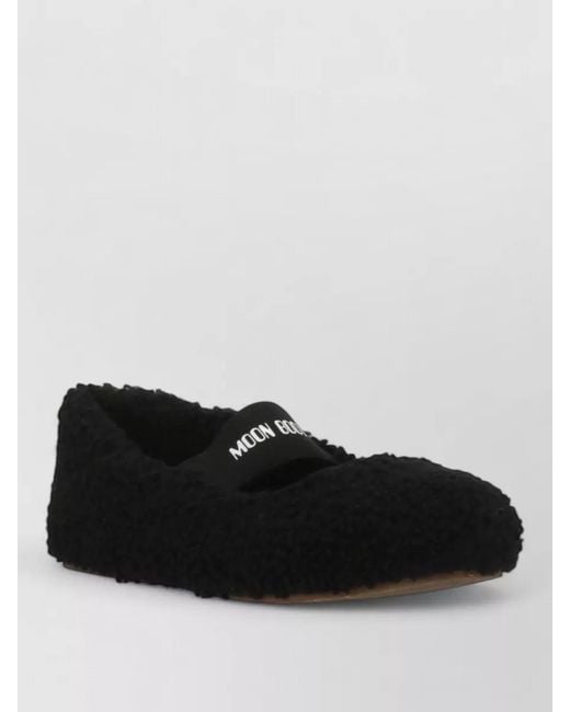 Moon Boot Black Shearling Ballet Slippers Elastic Logo Band