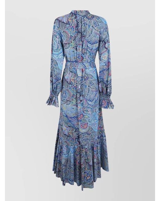 Etro Blue Long Shirt Dress Belt Waist Paisley Ruffles