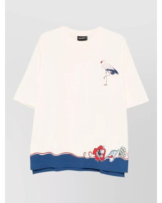 DSquared² Blue Shirt Short Sleeves Crew Neck Flamingo for men