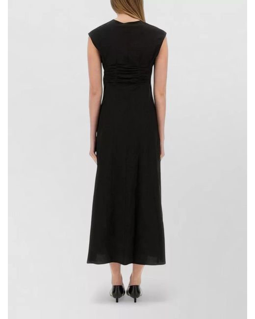 Alysi Black Poplin Midi Dress Cap Sleeves V Neckline
