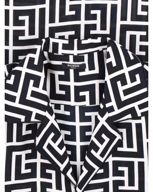 Balmain Black Viscose Monogram Print Relaxed Fit Short Sleeve Pyjama Shirt for men