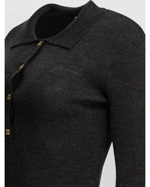 Ganni Black Logo Knit Polo Long Sleeve Sweater