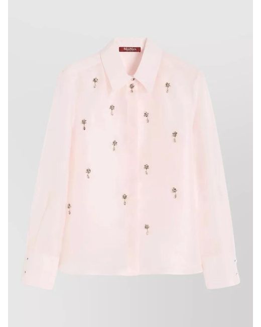 Max Mara Pink Shirt High Collar Cuffs Jewel Buttons