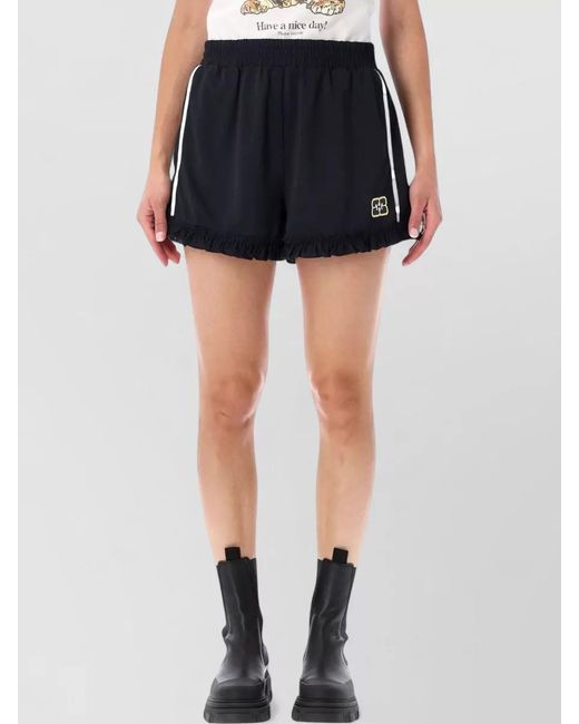 Ganni Black Lounge Shorts Elastic Waist Ruffle Trim Pockets