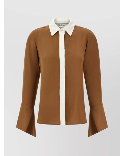 Max Mara Brown Flared Cuffs Long Sleeves Contrast Collar Shirt