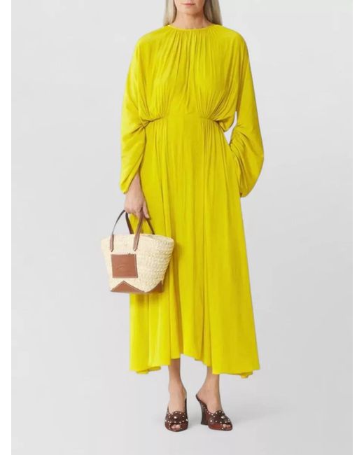 Lanvin Yellow Draped Gathered Long-Sleeve Crew-Neck Midi Dress