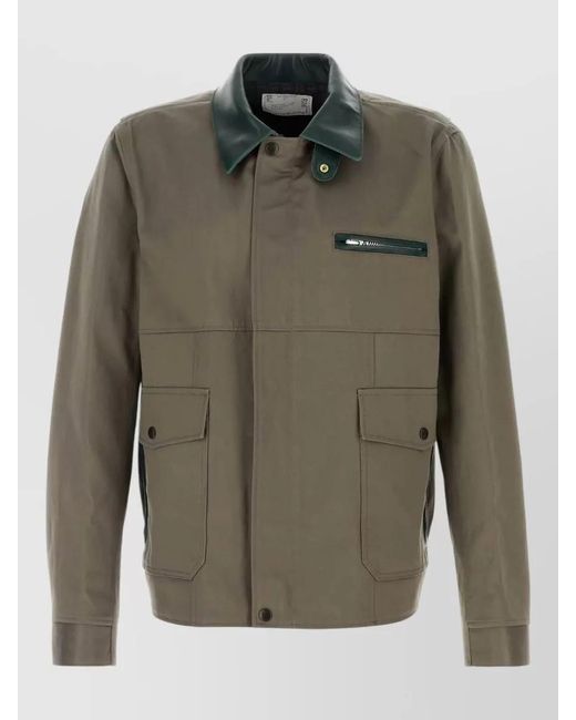 Sacai Green Cotton Jacket Contrast Collar Button Cuffs for men