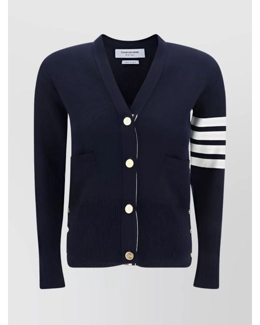 Thom Browne Blue Wool V-Neck Ribbed Cardigan
