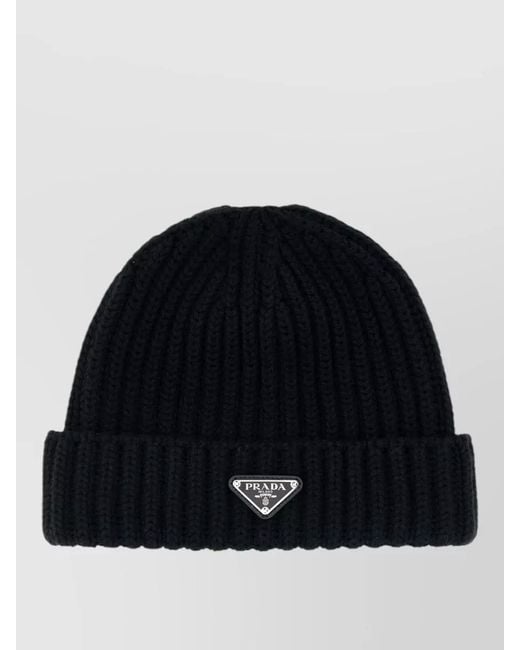 Prada Black Wool Beanie Hat Folded Brim Ribbed Design for men