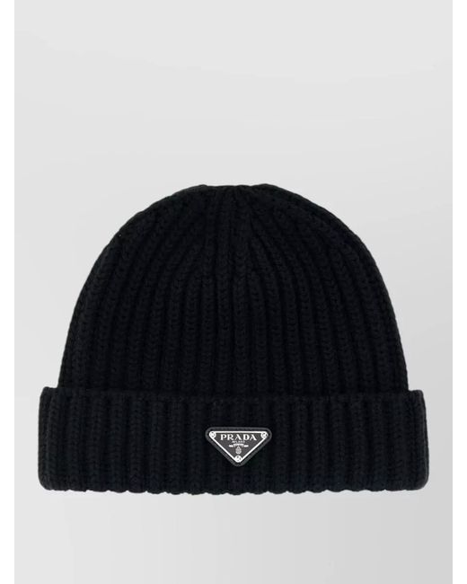 Prada Black Wool Beanie Hat Folded Brim Ribbed Design for men