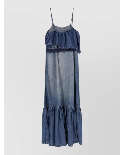 Pinko Blue Chiarodiluna Denim Dress Ruffle Neckline