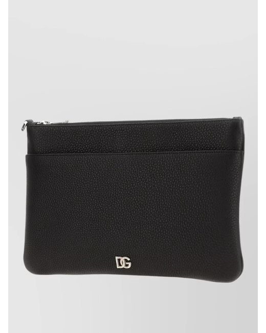 Dolce & Gabbana Black Leather Pouch Textured Surface Compact Design for men