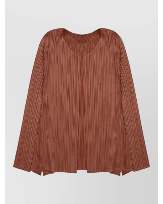 Pleats Please Issey Miyake Brown Long Sleeve Top V Neck Pleated Design