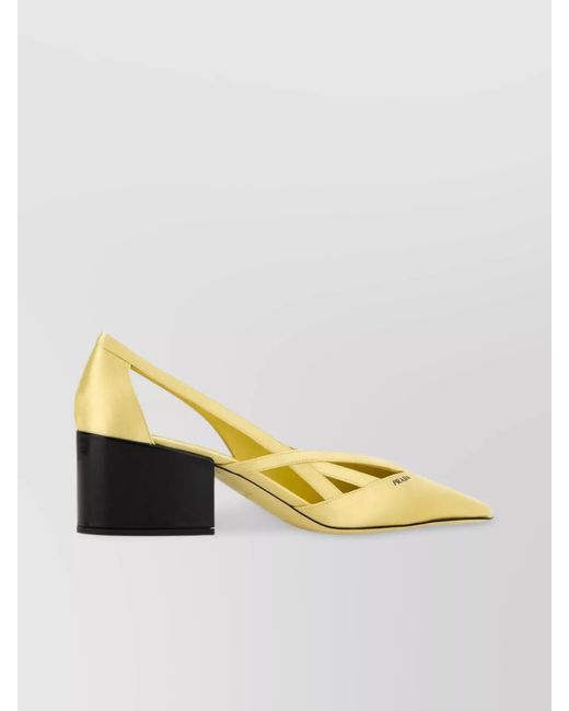 Prada Yellow Satin Pumps With Block Heel And Side Cut-Outs