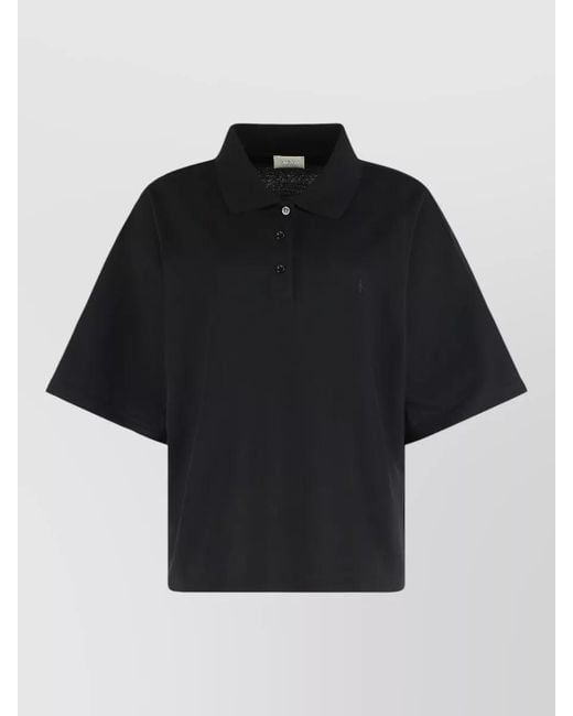 Saint Laurent Black Piqué Blend Polo Shirt Ribbed Collar Short Sleeves