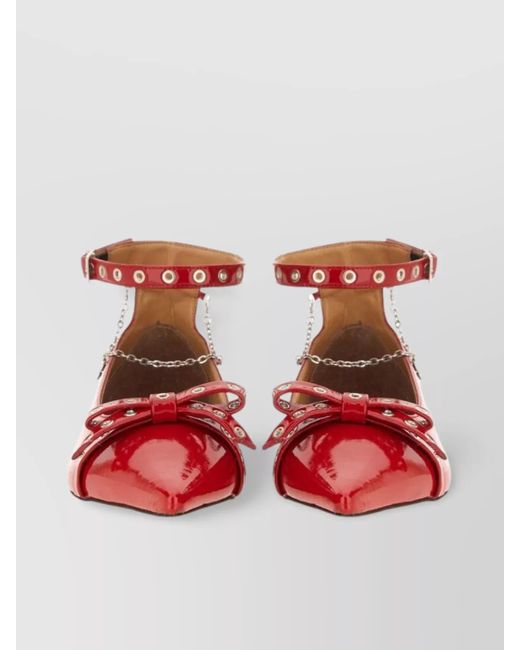 Ganni Red Chain And Bow Detail Patent Ballerina
